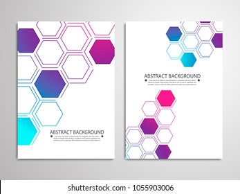 Abstract Background Cover Design With Chaotic Dots And Line, Biomolecular DNA Structure, Cover Design With Futuristic Backdrop, Modern Brochure With Triangles, Biology And Chemistry Web Page Layout