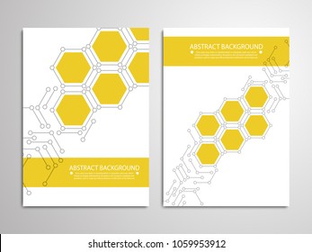 Abstract Background Cover Design With Chaotic Dots And Line, Biomolecular DNA Structure, Cover Design With Futuristic Backdrop, Modern Brochure With Triangles, Biology And Chemistry Web Page Layout