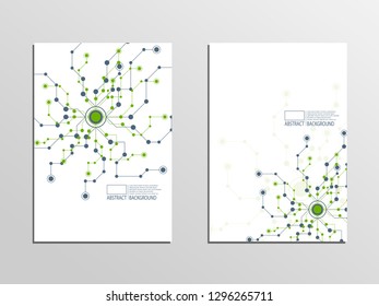 Abstract Background Cover Design With Chaotic Dots And Line, Biomolecular DNA Structure, Cover Design With Futuristic Backdrop, Modern Brochure With Triangles, Biology And Chemistry Web Page Layout