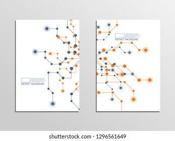 Abstract background cover design with chaotic dots and line, biomolecular DNA structure, cover design with futuristic backdrop, modern brochure with triangles, biology and chemistry web page layout