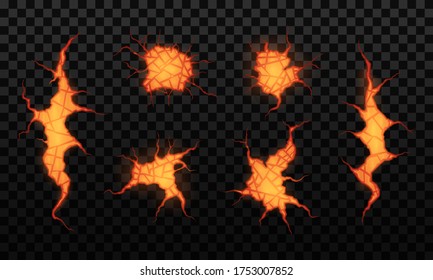 Abstract background with cracked ground and lava. Set of volcanic crack with lava isolated on a transparent background, glowing crevices. Vector illustration, eps 10.