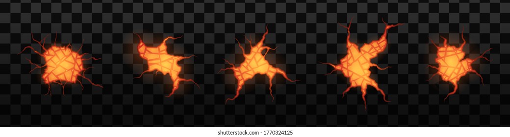 Abstract background with cracked ground and lava. Set of volcanic crack with lava isolated on a transparent background, glowing crevices. Vector illustration, eps 10.