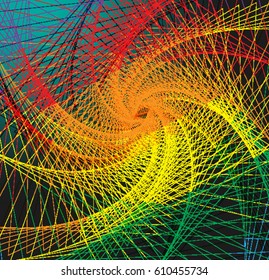 Abstract background from crossed lines polygonal space. Vector illustration for your business presentations, gay pride colors. Bright spiral stripes swirl. Rainbow rays triangle twisted spiral.