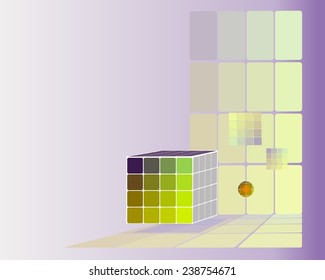  abstract background, cube compact of color surfaces, violet ground plus window