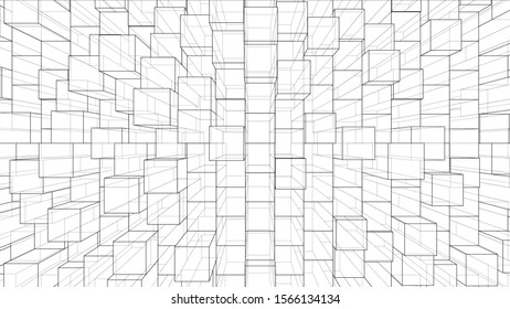 Abstract background of cubes outline. Vector rendering of 3d. Wire-frame style. The layers of visible and invisible lines are separated