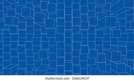 Abstract background of cubes outline. Vector rendering of 3d. Wire-frame style. The layers of visible and invisible lines are separated
