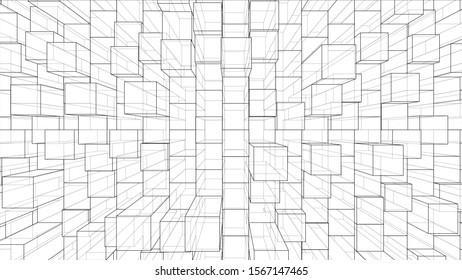 Abstract background of cubes outline. Vector rendering of 3d. Wire-frame style. The layers of visible and invisible lines are separated