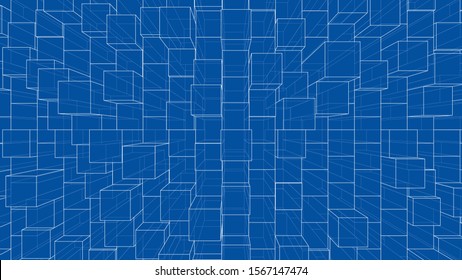 Abstract background of cubes outline. Vector rendering of 3d. Wire-frame style. The layers of visible and invisible lines are separated