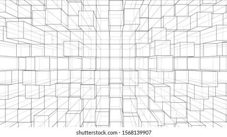 Abstract background of cubes outline. Vector rendering of 3d. Wire-frame style. The layers of visible and invisible lines are separated