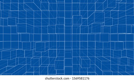 Abstract background of cubes outline. Vector rendering of 3d. Wire-frame style. The layers of visible and invisible lines are separated