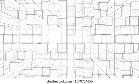 Abstract background of cubes outline. Vector rendering of 3d. Wire-frame style. The layers of visible and invisible lines are separated