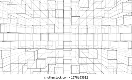 Abstract background of cubes outline. Vector rendering of 3d. Wire-frame style. The layers of visible and invisible lines are separated