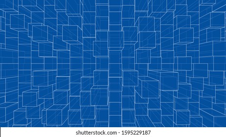 Abstract background of cubes outline. Vector rendering of 3d. Wire-frame style. The layers of visible and invisible lines are separated