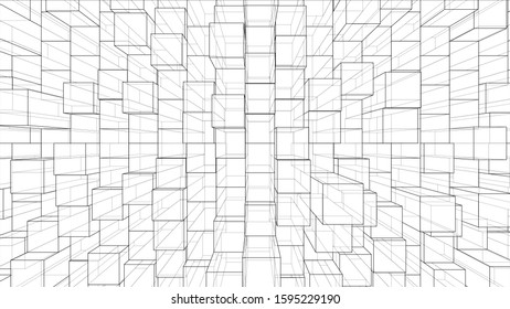 Abstract background of cubes outline. Vector rendering of 3d. Wire-frame style. The layers of visible and invisible lines are separated