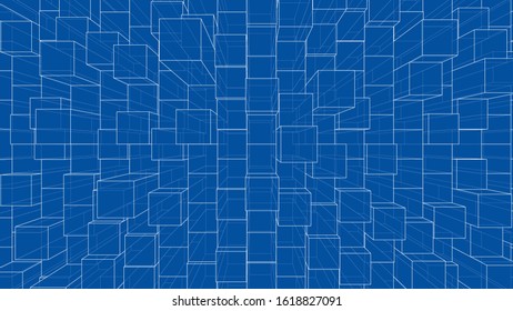 Abstract background of cubes outline. Vector rendering of 3d. Wire-frame style. The layers of visible and invisible lines are separated