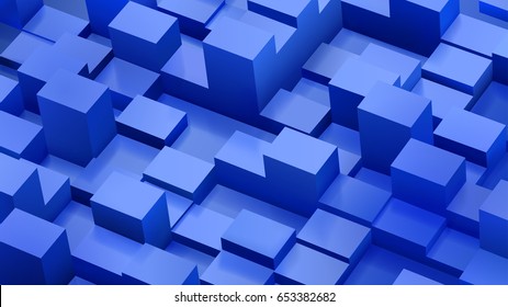 Abstract background of cubes and parallelepipeds in blue colors with shadows