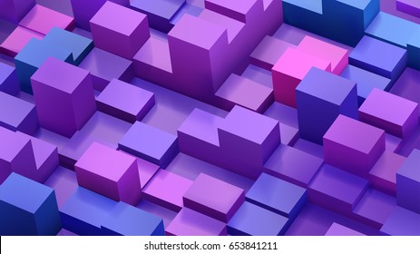 Abstract background of cubes and parallelepipeds in blue and purple colors with shadows