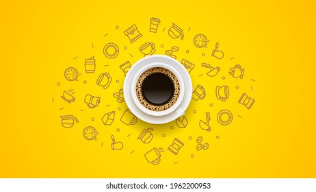 Abstract Background WIth A Cup Of Coffee Doodle Icons Shadow Vector Design Style