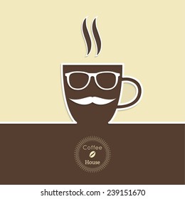 Abstract background with a cup of coffee, with a mustache and glasses