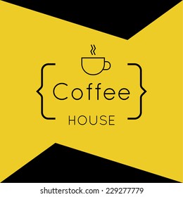 Abstract background with a cup of coffee from a white ribbon and text Coffee house and bracket. orange. for menu, restaurant, cafe, bar, coffeehouse.