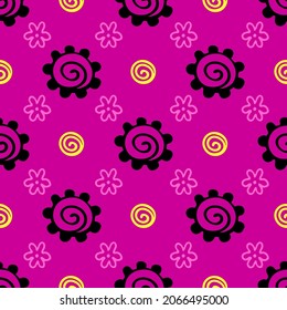 Abstract background with curls and flowers. Vector illustration. Seamless pattern. Freehand drawing. Background for fabric, textile design, wrapping paper, etc. for your design.