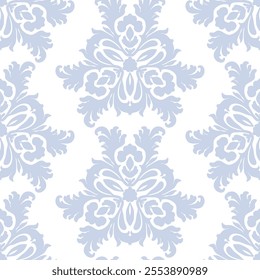 Abstract background with curly shapes, swirls, floral elements. Luxury damask seamless pattern. Blue and white delicate ornament texture in baroque, rococo, revival style. Repeating vector design