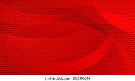 Abstract background of curved lines, curves and halftone dots in red colors