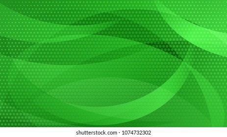Abstract background of curved lines, curves and halftone dots in green colors