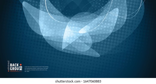 Abstract background of curved lines, curves and halftone dots in blue color