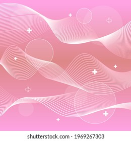 Abstract background with curved lines, geometric shapes - circles, crosses, gradient. Memphis style. Vector illustration. Web design, social media decoration, template, texture.