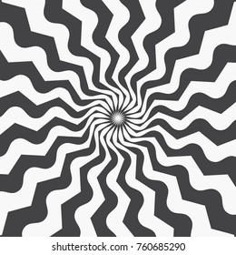 Abstract background of curved stripes coming from the center. Effect of distorted radial rays of sunburst. Monochrome background template. Vector illustration