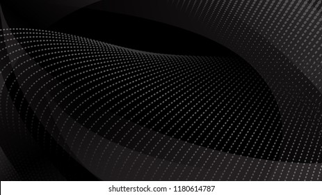 Abstract background of curved surfaces and halftone dots in black and gray colors