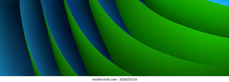 Abstract background of curved volumetric paper sheets in green and blue colors