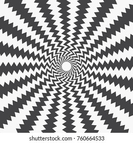 Abstract background of curved, zigzag stripes coming from the center. Effect of distorted radial rays of sunburst. Monochrome background template. Vector illustration