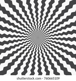 Abstract background of curved, zigzag stripes coming from the center. Effect of distorted radial rays of sunburst. Monochrome background template. Vector illustration