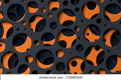 Abstract background with cut out circles of different sizes in paper cut style. Layered 3d backdrop with round holes. Vector card illustration in dark grey and orange shapes cut out from cardboard.