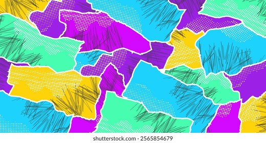 Abstract background with cut out notebook shapes. Torn grainy colored paper pieces with halftone texture and scribbles. Vector vintage paper element.