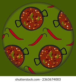 Abstract background in cut paper style with a pattern of Mexican dish chili con carne and hot pepper