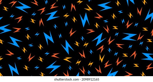 Abstract background with cute cartoon thunder. Modern black background with colored zigzags thunderbolt vector illustration. EPS 10