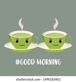 Abstract background with cute cups of green tea and sprigs. Template decorative design for invitation, poster, card, flyer, banner, cafeteria. Kawaii characters. 