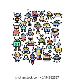 Abstract background with cute handdrawn robots in various emotions. Vector illustration. Nice use for valentines or kid birthday card, as labels, prints etc