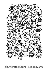 Abstract background with cute handdrawn robots in various emotions. Vector illustration. Nice use for valentines or kid birthday card, as labels, prints etc