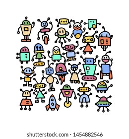 Abstract background with cute handdrawn robots in various emotions. Vector illustration. Nice use for valentines or kid birthday card, as labels, prints etc