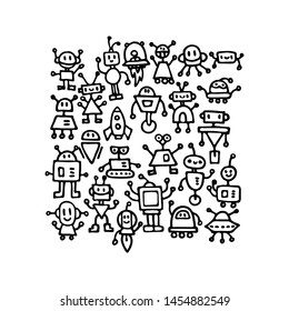 Abstract background with cute handdrawn robots in various emotions. Vector illustration. Nice use for valentines or kid birthday card, as labels, prints etc