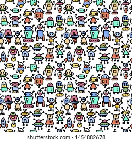 Abstract background with cute handdrawn robots in various emotions. Vector illustration. Nice use for valentines or kid birthday card, as labels, prints etc