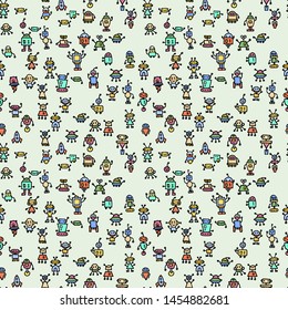 Abstract background with cute handdrawn robots in various emotions. Vector illustration. Nice use for valentines or kid birthday card, as labels, prints etc