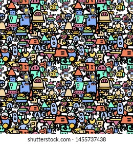 Abstract background with cute handdrawn robots in various emotions. Vector illustration. Nice use for valentines or kid birthday card, as labels, prints etc