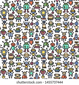 Abstract background with cute handdrawn robots in various emotions. Vector illustration. Nice use for valentines or kid birthday card, as labels, prints etc
