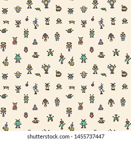 Abstract background with cute handdrawn robots in various emotions. Vector illustration. Nice use for valentines or kid birthday card, as labels, prints etc