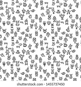 Abstract background with cute handdrawn robots in various emotions. Vector illustration. Nice use for valentines or kid birthday card, as labels, prints etc